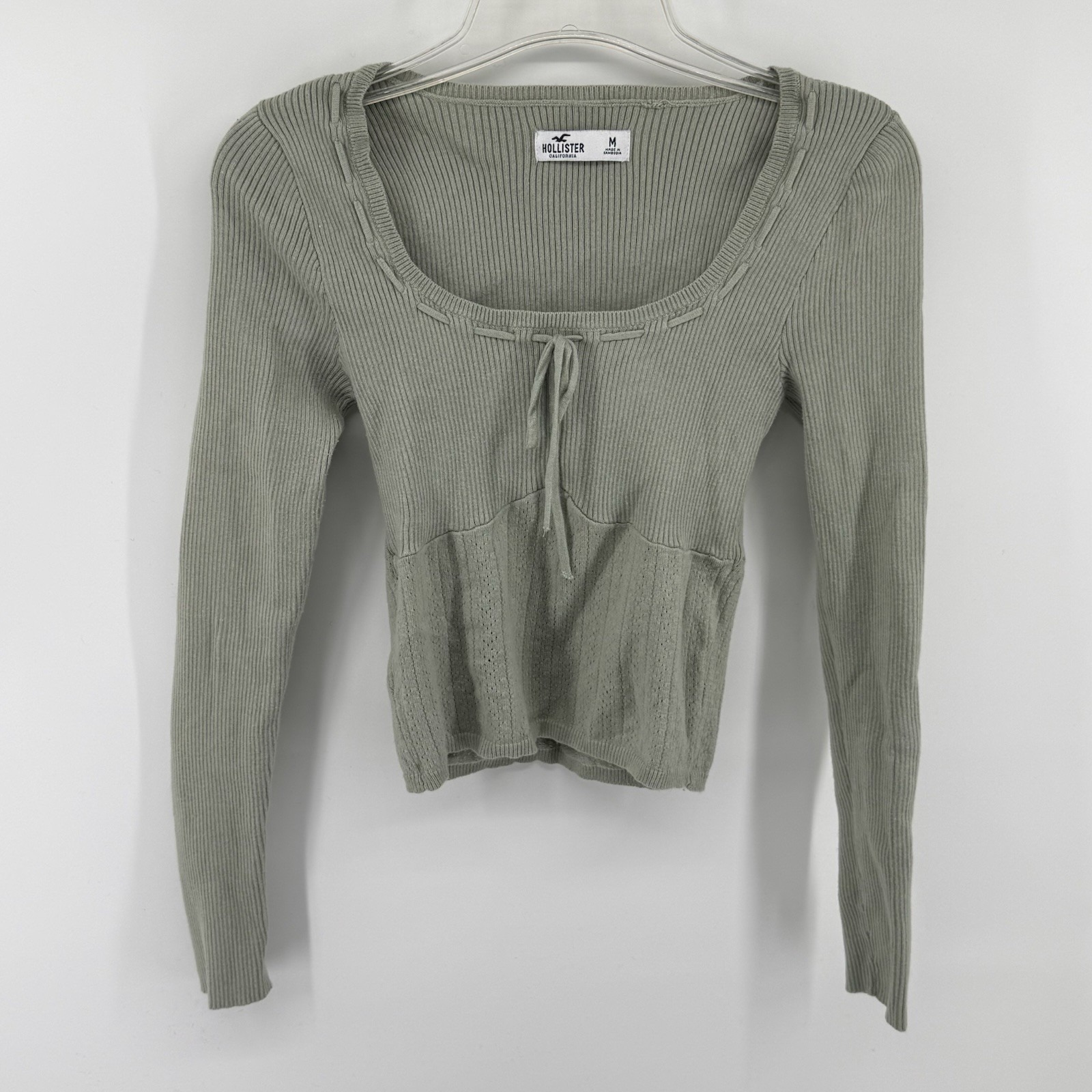 Y2k Hollister Ribbed Knit Tie Front Top Sage Green Long Sleeve Womens M